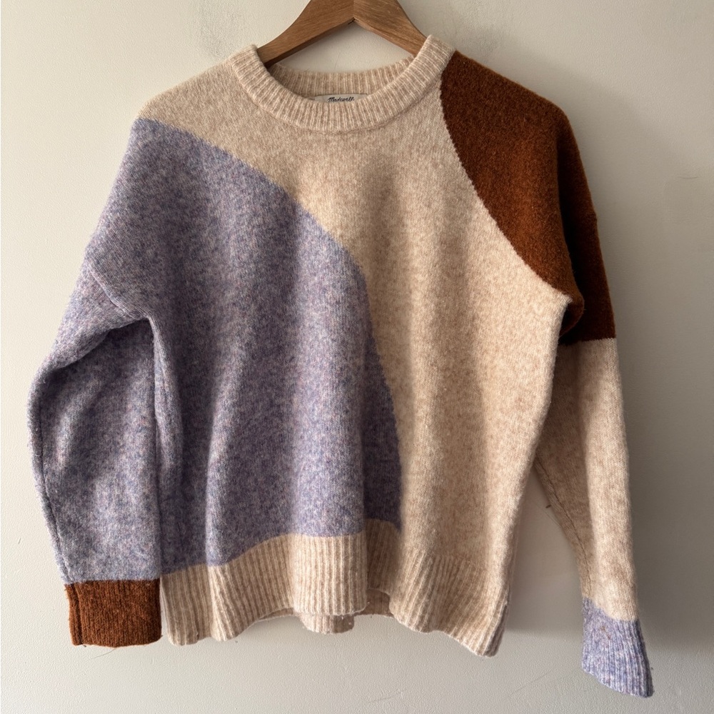 Madewell Cedarbrook Pullover Sweater in Colorblock in Heather‎ Chalk Wool Camel